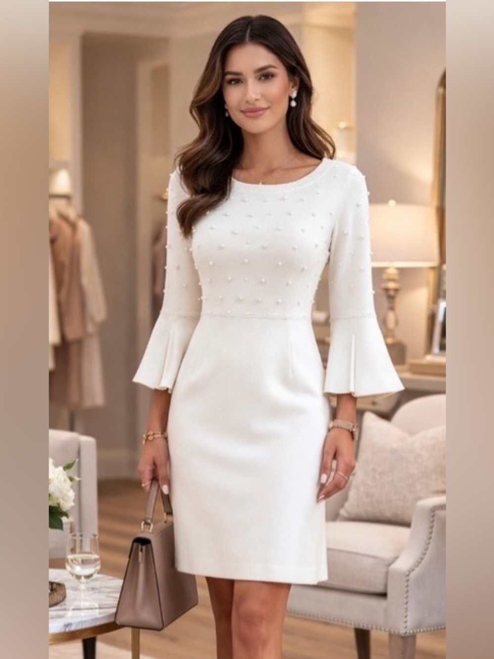 London Times NWT Elegant, white sweater dress with pearl bodice. Stunning Sz Med